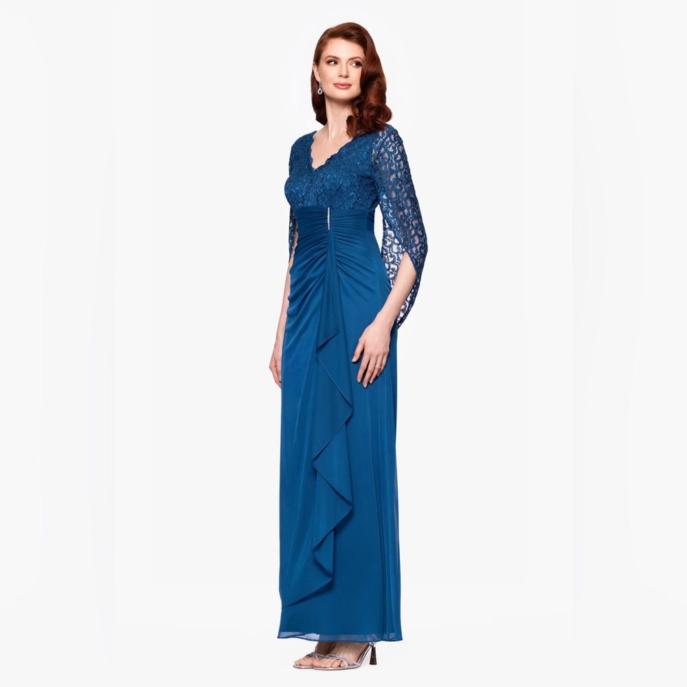 Betsy & Adam Teal Lace Cape Sleeve Ruched Chiffon Gown SZ 12 NWT Modest MOB GALA - Picture 4 of 7